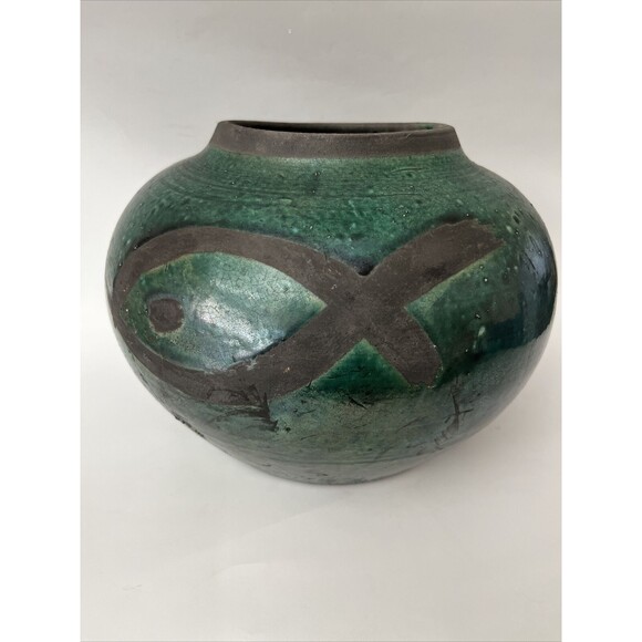 Raku Iridescent Green Tubac Signed Fish Art Pottery Vase Pot 8.5” Large - Picture 4 of 11